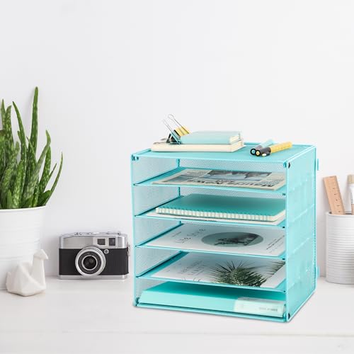 EASEPRES 5 Slot Mesh Desk Organizer Tray, File Paper Letter Folder Holder Desktop Paper Sorter Mail Organization Rack Storage Accessories, for Office Home School Classroom, Blue - color: 5 Tier Blue