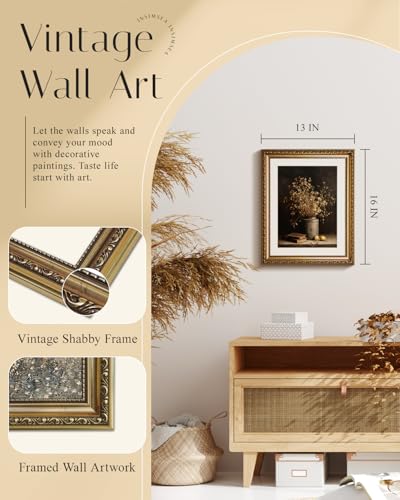 InSimSea Gold Picture Framed Wall Art, Living Room Vintage Dried Flowers Vase Wall Decor, Dark Moody Still Life Canvas Print Art, Home Farmhouse Decor, Antique Paintings with Frame 13x16inch - color: Gypsophila, size: 16"L x 13"W