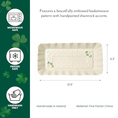 Belleek Shamrock Tray - Fine Parian China White Serving Platter - Handcrafted Appetizer Serving Tray - 12.5 x 6.3 Inches