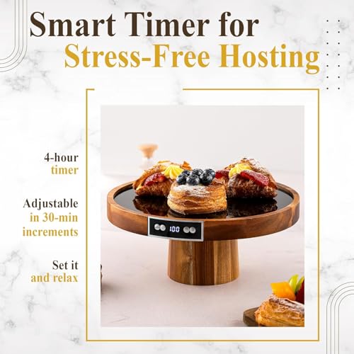 Velvera Heated Cake Stand with Dome, Cordless Food Warmer, Adjustable Temperature up to 180°F, Wooden Cake Display Stand for Cakes, Brownies, Pastries, Muffins & Cookies