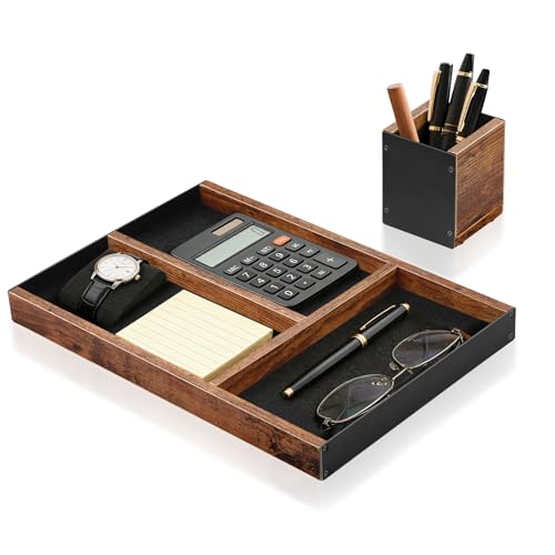 Wooden Desk Tray with Integrated Pen Holder, Luxury Office Organizer for Executive Desk, Minimalist Wood & Metal Stationery Storage Set, Premium Gift for Men & Home Office Decor