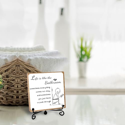 Funny Bathroom Decor, Bathroom Wooden Sign with Stand Decor, Farmhouse Home Toilet Desk Shelf Accessories, Rustic Table Decorations Supplies - style: bathroom sign 02