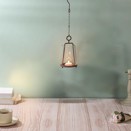 4" Wide Modern Farmhouse Metal Hurricane Candle Holder with Handmade Sturdy Glass Sleeve in Rustic Brown for 2" Pillar Candle & Plants, Glass Hurricane Lantern, Industrial, Minimalistic - color: Brown, size: 4"x7.5"