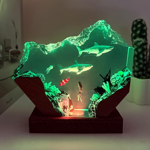Handmade 3D Ocean Resin Lamp - USB Powered Resin Ocean Night Light with Wooden Base, Variable Lights, Scuba Diver Gifts, Diving Enthusiast Collectibles, Unique Thanksgiving Day and Christmas Gifts - color: Scuba Diver-2, size: L