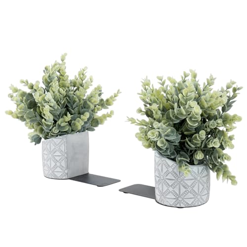 MyGift L-Shaped Decorative Bookends with Artificial Eucalyptus Plant Potted in Modern Geometric Embossed Gray Concrete Pot, Book Ends for Shelf Desk Nook Decor, 1 Pair - color: Artificial Eucalyptus