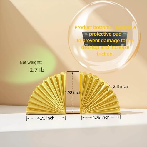 Golden Fan Book Ends Decorative Bookends for Shelves, Elegant Fan Bookends for Bookshelf Decor, Decorative Book Stoppers for Home Office - color: Geometric Fan - Gold
