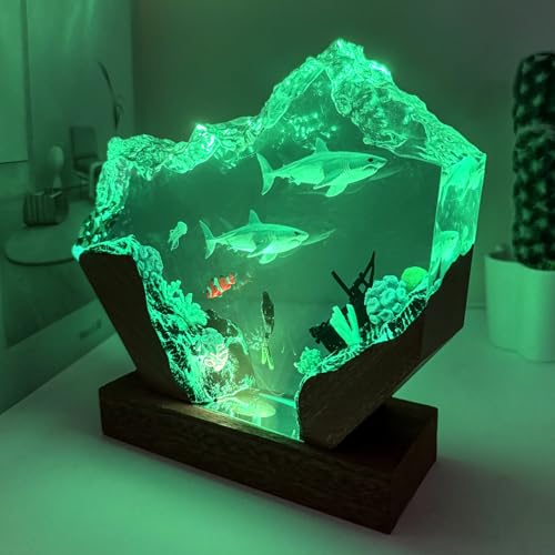 Handmade 3D Ocean Resin Lamp - USB Powered Resin Ocean Night Light with Wooden Base, Variable Lights, Scuba Diver Gifts, Diving Enthusiast Collectibles, Unique Thanksgiving Day and Christmas Gifts - color: Scuba Diver-2, size: L