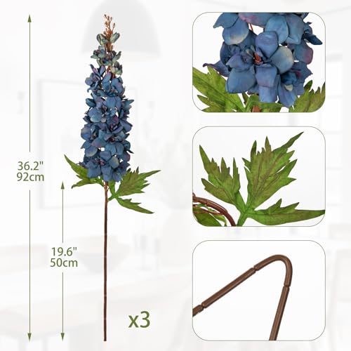 Briful 3PACK Artificial Delphinium Flowers – 36.2in Tall Faux Larkspur Silk Floral Stems Blue Fake Delphinium Flower for Indoor Home Decor Vase Arrangements - color: Blue
