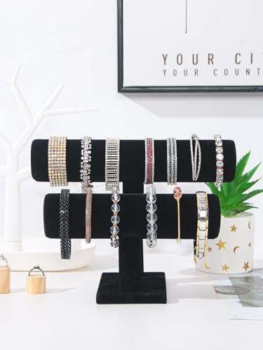Coward 2 Tier Bracelet Holder Jewelry Display Stand, Necklace Bangle Bracelet Watch Organizer Storage Rack, Jewelry Show Tower for Women (Black Velvet) - color: Black, size: 2 Tier