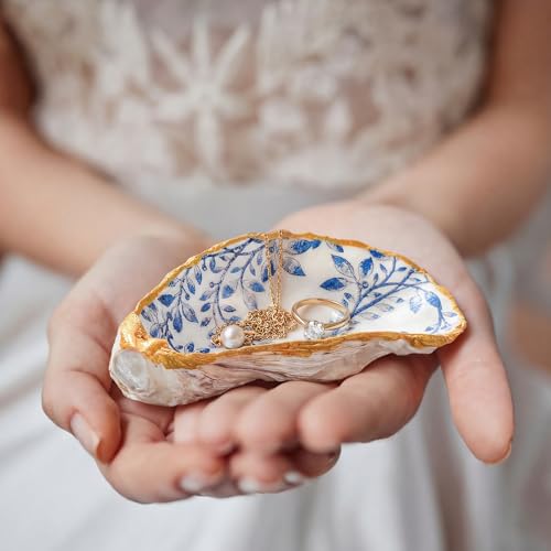Natural Oyster Ring Trinket Dish Vintage Jewelry Tray for Keys Small Jewelry Holder for Bridal Shower Favors Friends Sisters Daughter Mother Gift Seaside Style Decor(Blue Grass) - style: Blue Grass