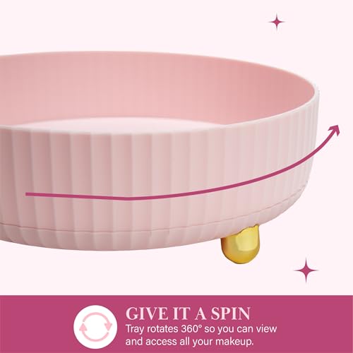 Paris Hilton 360° Rotating Makeup Organizer Tray, Large Capacity for Skincare & Beauty Essentials, Fluted Design with Gold Accents, 8.75-Inch, Pink - style: Organizer Tray