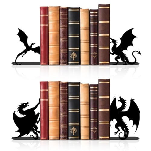 4 Pcs Dragon Metal Bookends - Heavy Duty Book Ends for Shelves, Fantasy Gothic Decor for Home Office Desk Bookshelf, for Dragon Lovers, Fantasy Readers - color: Dragon