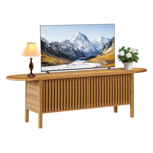 Bamboo TV Stand for TVs up to 65", Accent Entertainment Center with Storage, Media Console Table with Fence Door, Modern TV Stand for Living Room, Bedroom, 55"(L), Walnut - color: Walnut Fence Door