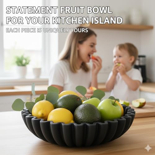 Hand-Poured Solid Concrete Decorative Bowl - Scalloped Ruffle Large Fruit Bowl, Organic Modern & Wabi Sabi Centerpiece for Kitchen Counter, Entryway Key Holder, Coffee Table Decor(10" Black) - color: Beige