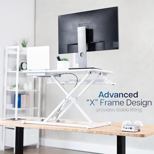 VIVO Desk Converter 32 inch Height Adjustable, MDF Wood Sit to Stand Riser, White, DESK-V000SW - color: White, size: 32"