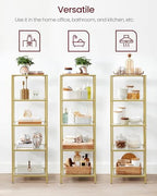 VASAGLE Bookcase, 5-Tier Bookshelf, Slim Shelving Unit for Bedroom, Bathroom, Home Office, Tempered Glass, Steel Frame, Metallic Gold ULGT029A01 - color: Metallic Gold, size: 5 Tiers (15.7"W x 49"H)