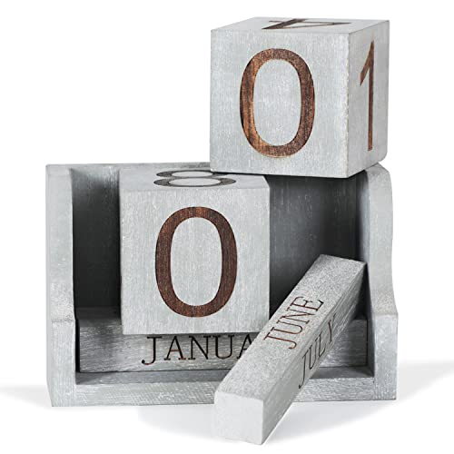 Wooden Desk Calendar,Desk Calendar Blocks for Teachers,Office Perpetual Date Block Small Home Desktop Decor Chic Vintage Month with Number Cubes Display Rustic Decoration(Vintage Grey) - color: Rustic Vintage Grey