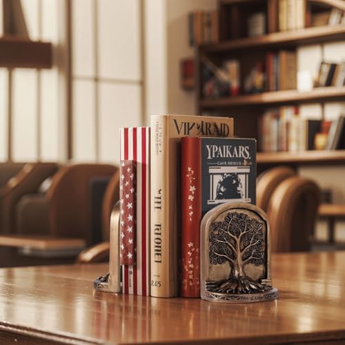 Vintage Bronze Finish Tree of Life Bookends Set, 2 Non-Skid Heavy Bookends for Shelves or Bookcase, Decorative Bookends for Desktop Shelf Decor, Library Office Decor, Home Décor Gift - color: Antique Bronze, size: Small