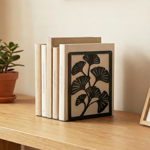 Decorative Bookends, 2 Pcs Ginkgo Leaf Desk Bookends Sturdy Metal Book Organizers for Home Office and Study Room - style: Ginkgo Leaf