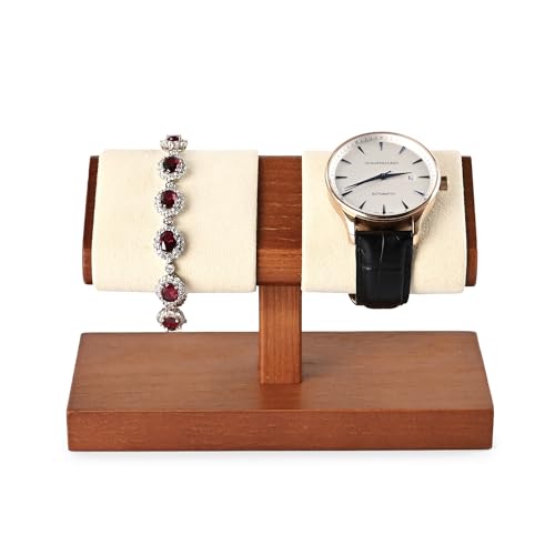 Solid Wood Watch Display Stand T-bar Microfiber Watch Stand Jewelry Holder For Men And Women Stand Organizer For Wristwatch/Bracelet/Storage Display Rack (Cream White) - color: Beige, size: 2 Slots