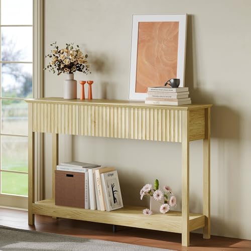 Treocho 47" Fluted Console Table with 3 Drawers, Narrow Long Entryway Table with Storage and Shelf, 2-Tier Sofa Table Behind Couch Accent Tables for Entrance Foyer, Hallway, Living Room, Oak - color: Natural
