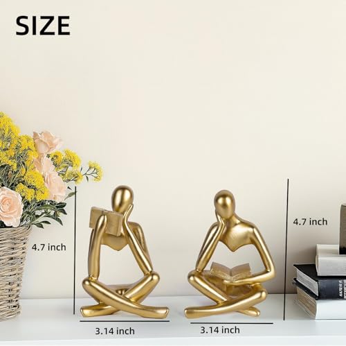 Prettidecor Thinker Statue Set of 2, Abstract Art Reading Sculpture Figurine, Modern Aesthetic Home Decoration for Living Room Bedroom Office Shelves Coffee Table Desk Bookshelf Decor (Gold) - color: Gold
