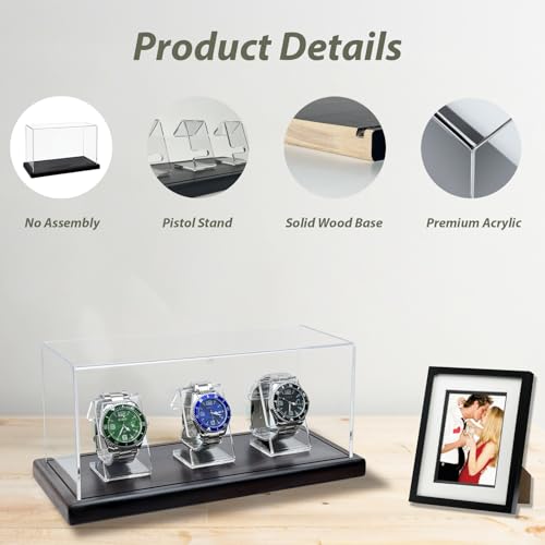 Acrylic Watch Display Case for 3 Watches with Solid Wood Base, Dustproof 3mm Clear Watch Showcase and Organizer for Men & Woman, Luxury Watch Stand - size: Display Case (No LED) For 3 Watch