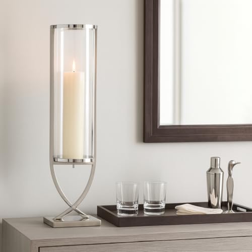 Contemporary Metal and Glass Hurricane Candle Holder - Decorative Pillar Candlestick Holder for Table Centerpiece - Elegant Home Decor Accents for Any Special Occasion Decoration - 31" Silver - color: Silver, size: 31"
