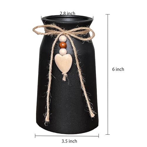 Premium Ceramic Vase with Jute Rope & Heart Charm | 6-Inch Decorative Flower Vase for Modern & Farmhouse Décor, Black Color - color: Black