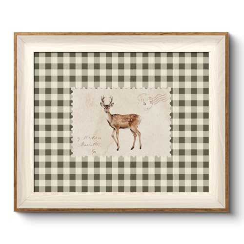 VIYYIEA Framed Wall Art for Living Room, Sika Deer Stamp Canvas Prints, Green Home Decor, Animals Painting Picture, Bathroom Wall Decor Gifts for Friends or Family - 12L x 10W - color: Animals-【Sika Deer Stamp】, size: 12"L x 10"W