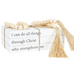 Decorative Books for Home Decor, White Faux Books for Decoration, Rustic Farmhouse Stacked Books with 52in Wood Bead Garland for Coffee Table Mantle Fireplace (I can do All Things Through Christ) - style: I Can Do All Things Through Christ
