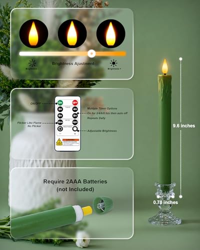 Homemory 6 Pcs Real Wax Green Flameless Taper Candles with Remote Timer, 9.6 Inches LED Fake Candlesticks, LED Candle with 3D Flickering Flame for Romantic Wedding, Dinner, Xmas Anniversary Decor - style: Nature - Green 9.6"
