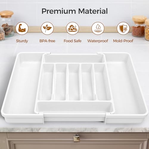 ukeetap Extra Large Expandable Silverware Organizer, BPA-Free Food-Safe Cutlery Flatware Organizer, Kitchen Utensil Drawer Organizer, Adjustable Silverware Holder for Spoons Forks Knives, White - color: White