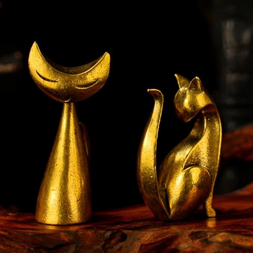 CHOVY Solid Brass Retro Art Cat Statue - 100% Handmade Collectible Figurine Elegant Sculptural Decor for Office Living Room & Shelf Vintage Oddities and Curiosities Premium Home Art Ornament - color: Art Cat a