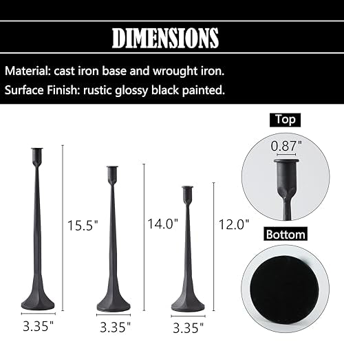 Denique Iron Taper Candle Holder Set of 3, Black Candlestick Holders Decorative Candle Stand, Tapered Candle Holders Tall Set for Wedding, Dining Table, Home Decoration (Black) - color: Black, size: 12”,14”,15.5”