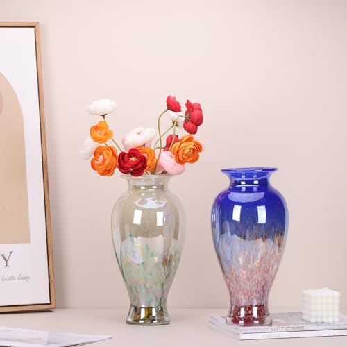 11.8" Tall Green Glass Vase Beautiful Hand Blown Glass Vase Modern Art Home Decor, Wide Mouth Colorful Vases for Mantle Dining Table Centerpiece, Entryway Living Room Wedding Decoration - color: Green