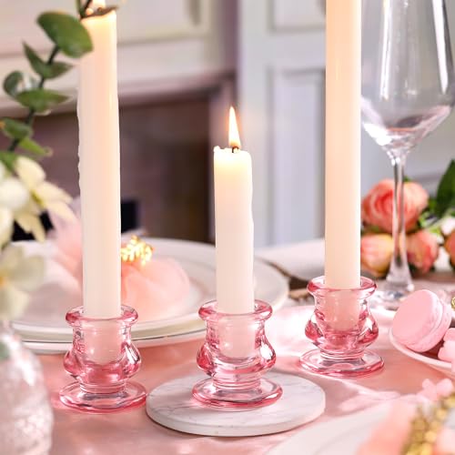 NITIME 12pcs Pink Candlestick Holders, Pink Glass Candle Holders for Pillar Candles, Taper Candle and Tealight Candles, Taper Candle Holders for Wedding, Table Centerpiece - color: Pink