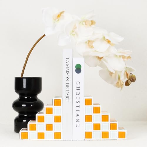 Decorative Bookends for Shelves - Stair Book Ends for Heavy Books - Unique Book Stopper & Holder for Shelves - Modern Home Decor Aesthetic Bookshelf Decor (Orange & White) - color: Orange & White