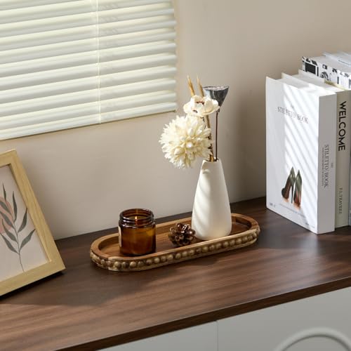 Acacia Wood Decorative Oval Tray, Beaded Edge Farmhouse Tray for Coffee Table Centerpiece, Rustic Wooden Serving Tray for Candle Holder, Kitchen & Living Room Counter Home Decor
