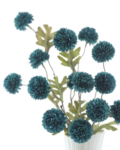 DuHouse 6pcs Artificial Flowers Faux Silk Pompon Mum,Silk Small Mini Chrysanthemum Ball with Stems for DIY Bouquets Centerpieces Vase Home Table Kitchen Decorations(Peacock Blue) - color: Peacock Blue, size: 6pcs