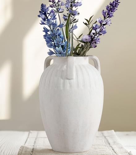 Flower Vase, 8.86 inch Tall Ceramic Vase with 3 Handles Vintage Terracotta Rustic Unique Vase for Bouquet Pottery Barn Decor Large Vases for Decor Livingroom Bathroom Modern Farmhouse(White) - color: B-8.86"h-white