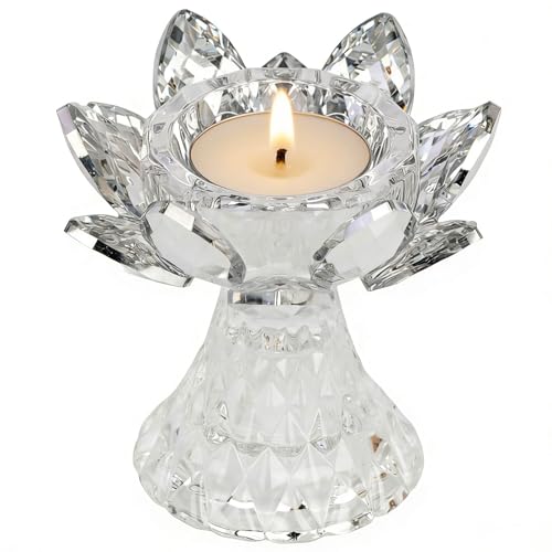 1 PC Silver Crystal Flower Tea Light Holder, Glass Lotus Tealight Candlestick, Votive Candle for Table Centerpiece, Wedding Party Decor, Nice Gift