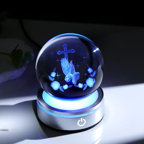 Arikyrist 3.15in. 3D Cross with Praying Hands Crystal Religious Gifts for Women Men, Crystal Ball Engraved Hands Holding A Cross Christian Figurine Paperweight with LED Light Base for Decoration - color: Cross