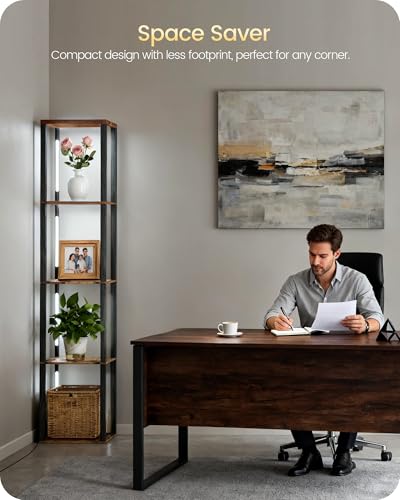 64.2" Display Shelf with Light, Modern Corner Floor Lampe with Shelves, LED Dimmable Standing Lamp with Remote for Living Room, Bedroom, Office, Adjustable CCT, Rustic Brown Square F51LD05 - color: Rustic Brown Square