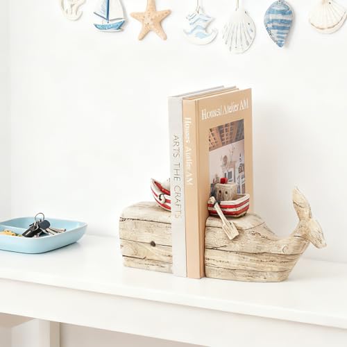 Guichifun Whale Decorative Bookends Book Holder - Distressed Finish Resin Cute Bookend Set with Sailboat Nautical Book Shelf Decor for Living Room Office Home Decoration Gift 11.8 X 3.9 X 6.5 inch - color: Wood