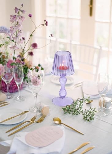 Gurfuy Desk Lamp Shaped Glass Candle Holder - Glass Hurricane Candleholder Crystal Decorative Candle Stand for Table Wedding Dinning Centerpieces Party Supplies Decor Purple - color: Purple