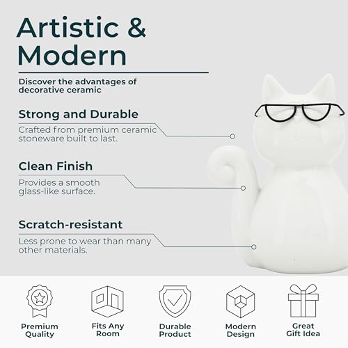 Ceramic Cat Figurine Sculpture – White Porcelain Stoneware Statue with Modern Glam Minimalist Design – Home Decor Accent for Bookshelf, Coffee Table, Bedroom, Office & Living Room – 8", White - size: 8.0" H