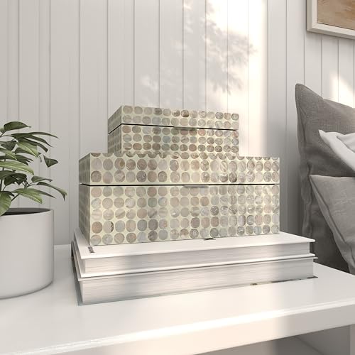 Deco 79 Mother of Pearl Shell Geometric Handmade Decorative Box Decorative Keepsake Boxes with Hinged Lid, Set of 2 Storage Boxes 12", 8"W, Cream - color: Beige, size: 12", 8"W
