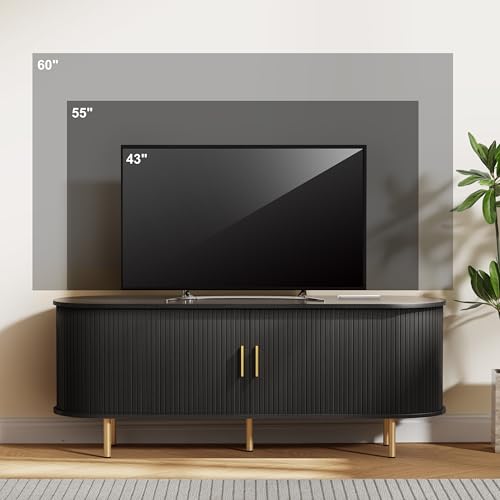DHH 55 Inch Mid Century Modern TV Stand with Power Outlet for TVs up to 60 Inch, Entertainment Center with Storage and Adjustable Shelves, Media Console with Sliding Doors for Living Room(Black) - color: Black, size: 55 Inch