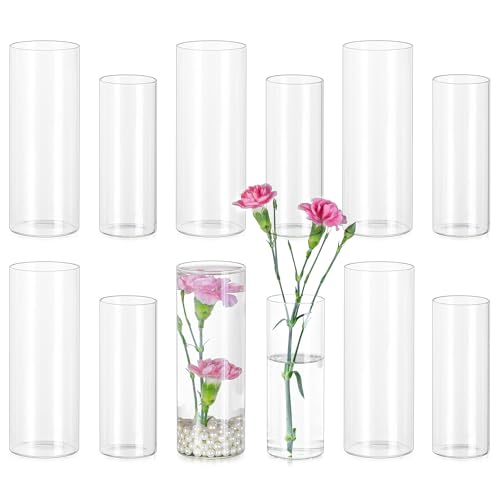 Glasseam Glass Cylinder Vase in Bulk: 12pcs Clear Small Bud Flower Vases for Centerpieces - Modern Hurricane Pillar or Floating Candle Holder for Wedding Party Table Living Room Home Decor, Tall 6"+7"
